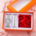 Luxury rhinestone quartz watch and bracelet set with red artificial roses in gift box - Gift Set / Silver