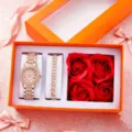 Luxury rose flower gift box with dazzling rhinestone quartz watch and bracelet set. - Gift Set / Rose Gold