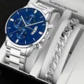 Men's silver quartz watch and chain bracelet set, stylish business fashion wristwatch. - Big Window Watch and Bracelet Set / Silver Blue
