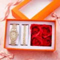 Luxury rose gold rhinestone quartz watch bracelet and artificial red rose gift box set. - Gift Set / Gold