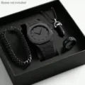Black quartz watch set detail showing minimalist dial, bracelet, ring, and pendant necklace. - Luxury Minimalist Style (S05314-1) / Black