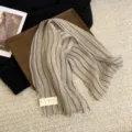 Retro Leinen Schal mit Streifen für Damen, leichter atmungsaktiver Fransenschal für den Alltag. - Khaki Graue Streifen