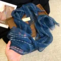 Blauer Leinenschal mit weissen Streifen Quasten Freizeit atmungsaktiver Retrostil Damen - Leinen Marineblau