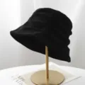 Korean retro corduroy bucket hat for women, autumn winter casual solid black sun basin hat. - M (56-58cm) / Black