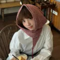 Knitted striped balaclava hooded scarf warm winter windproof neck warmer for women cozy apparel - Red