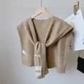 Wool blend knitted shawl for women, stylish tied layering accessory for daily wear. - Camel Striped Shawl with Wool
