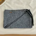Knitted striped drawstring triangular scarf, stylish winter warm neck warmer and fashion accessory. - Blue