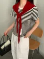 Stylish striped short-sleeve top paired with a chic red knit scarf for daily chic outfits. - Christmas Red