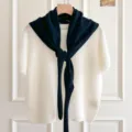 Women's knitted short sleeve top with hollow out triangular scarf set cozy autumn winter warm apparel - Dusk Black