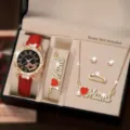 Women fashion quartz watch jewelry gift set detail view with red strap and roman numerals. - Watch + Mama Set / Red
