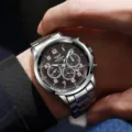 Men's quartz watch silver stainless steel strap chronograph multifunction dress watch detail - Silver Black
