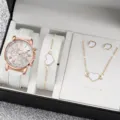 Set regalo orologio donna al quarzo con bracciale collana orecchini cuore cinturino in pelle - Stile 15 (Senza Confezione Regalo)
