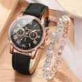 Damen Quarzuhr und glänzendes Strassarmband Set mit Lederarmband und römischen Ziffern. - Stil 4 (Ohne Geschenkbox)