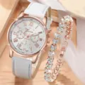 Damen Quarzuhr Set mit weißem Lederarmband und glänzenden Strass Armband Details. - Stil 3 (Ohne Geschenkbox)