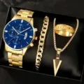 Men's luxury gold quartz watch set with bracelet necklace ring and gift box for daily wear - Style 11