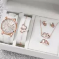 Elegantes Damenuhr Schmuck Geschenkset in Roségold mit Zirkon Doppelherz Kette Ring Ohrringe. - Stil 1 (Ohne Geschenkbox)