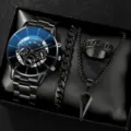 Men's black quartz watch set with steel strap, chain bracelet, ring and necklace gift box. - Style 12