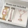 Exquisite women square watch bracelet necklace earrings ring jewelry set detail display. - Pink Watch & Jewelry Set (No Box)