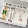 Women square green dial quartz watch luxury tennis bracelet necklace earrings ring set - Gold & Green Watch & Jewelry Set (No Box)
