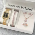 Detail view of women gold quartz watch and crystal jewelry set with bracelet necklace ring. - Gold & Black Watch & Jewelry Set (No Box)