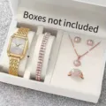 Women luxury quartz watch jewelry set with square dial, rhinestone bracelet, necklace, earrings - Gold Watch & Jewelry Set (No Box)