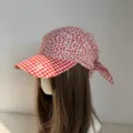 Koreaanse stijl bloemige hoofddoek honkbalpet, rode geruite zomerse zonbescherming eendenbekhoed - M (56-58cm) / Bloementros rood