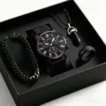Men's black quartz watch set with bracelet necklace ring gift box luxury minimalist - Roman Numeral Large Dial Style (S05314-4) / Black