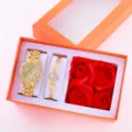 Luxury gold rhinestone quartz watch and bracelet set with red rose gift box for women - Gift Set / Gold