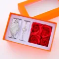 Women quartz watch bracelet and red rose gift box set, elegant sparkling rhinestone design. - Gift Set / Silver