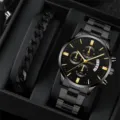 Men's black quartz watch and chain bracelet gift set, stylish business wristwatch accessory. - Big Window Watch and Bracelet Set / Black & Gold