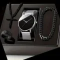 Luxe cadeauset vier stuks heren horloge kwarts ketting armband ring mode sieraden - Kruis sieradenset / Zilver Zwart