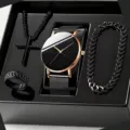 Men black quartz watch set with cross necklace, chain bracelet and ring in gift box. - Cross Jewelry Set / Rose Black