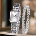 Elegante set di orologio da donna al quarzo e bracciale in strass con finitura metallica. - Orologio al quarzo rettangolare argento + Set bracciale con strass (15) / Argento