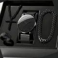 Zwarte heren set met quartz horloge ketting armband en ring stijlvol cadeau doos - Streep Index Kruis Set / Zwart