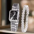 Elegante set di orologio da donna e bracciale in cristallo con quadrante al quarzo. - Orologio al quarzo rettangolare argento/nero + Set bracciale con strass (14) / Argento