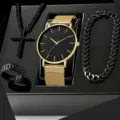 Prachtige mannen horloge kwarts ketting kruis armband ring set in zwart goud doos - Streep Index Kruis Set / Goud