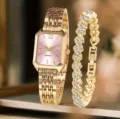 Set orologio al quarzo dorato donna e bracciale cristallo, quadrante rettangolare rosa elegante. - Orologio al quarzo rettangolare oro/rosa + Set bracciale a cuore (10) / Oro