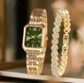 Set orologio quarzo e bracciale donna, cinturino dorato e quadrante verde rettangolare. - Orologio al quarzo rettangolare oro/verde + Set bracciale con strass (9) / Oro