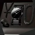 Men all-black jewelry gift set including quartz watch, cross necklace, bracelet and ring. - Cross Jewelry Set / Black