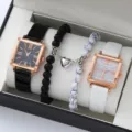 Donne Quadrato Quadrante Orologio Set con Magnetico Pietra Coppia Bracciali Nero Bianco Pelle - Orologio Bicolore No.3 (Senza Scatola)