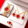 Luxe 4-delige dameshorloge sieraden set met rode hart strass kwarts horloge geschenk - Rode Hartenset