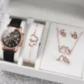 Damenuhr Set Quarz Lederarmband doppeltes Herz Halskette Armband Ring Ohrringe Geschenk - Stil 2 (Ohne Geschenkbox)