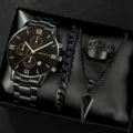 Men's black quartz watch gift set with metal bracelet, ring and arrow necklace accessories. - Style 7