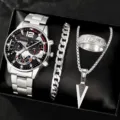Men silver quartz watch set with steel strap, chain bracelet, ring and necklace gift box - Style 8