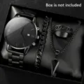 Men black quartz watch necklace ring bracelet gift set stylish cool jewelry accessories - Style 10