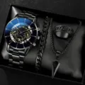 Men quartz watch gift set with black steel strap, bracelet, necklace, and ring accessories. - Style 13