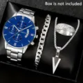 Men stainless steel quartz watch set with blue dial bracelet ring and arrowhead necklace gift - Style 15