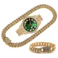 Luxueuse montre quartz cadran vert glacier avec chaine cubaine bracelet ensemble hip hop - Style 4 (Ensemble de Bijoux)