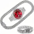 Montre à quartz en strass de luxe avec ensemble collier bracelet chaîne cubaine hip-hop. - Style 3 (Ensemble de Bijoux)