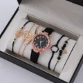 Orologio da polso donna al quarzo e set di bracciali moda con cinturino PU nero. - Stile Bracciale in Metallo con Perline Nere (5382837200632) / Set Tipo 1